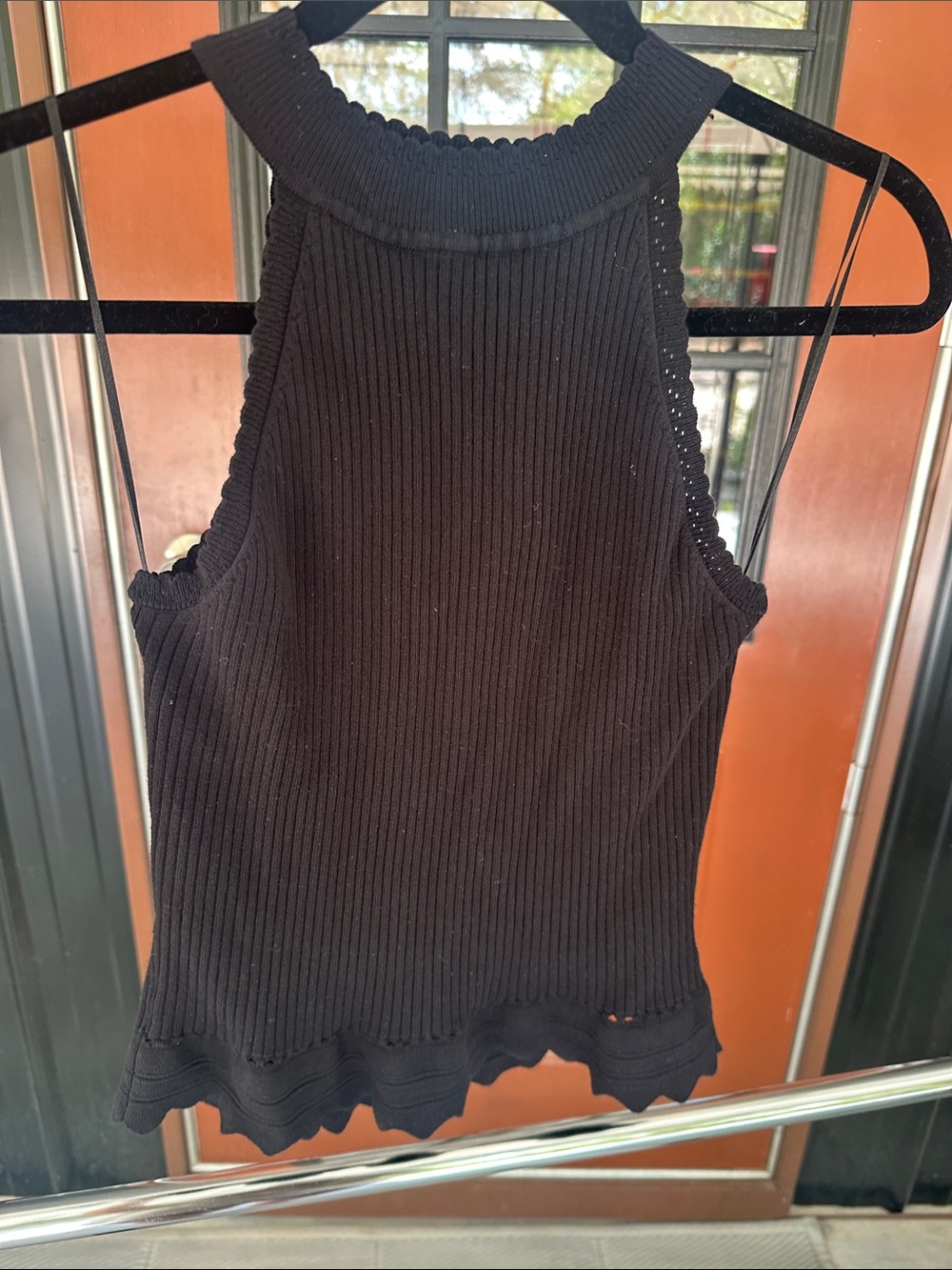 Skies Are Blue Black Ribbed Halter Tank with Scalloped Hem